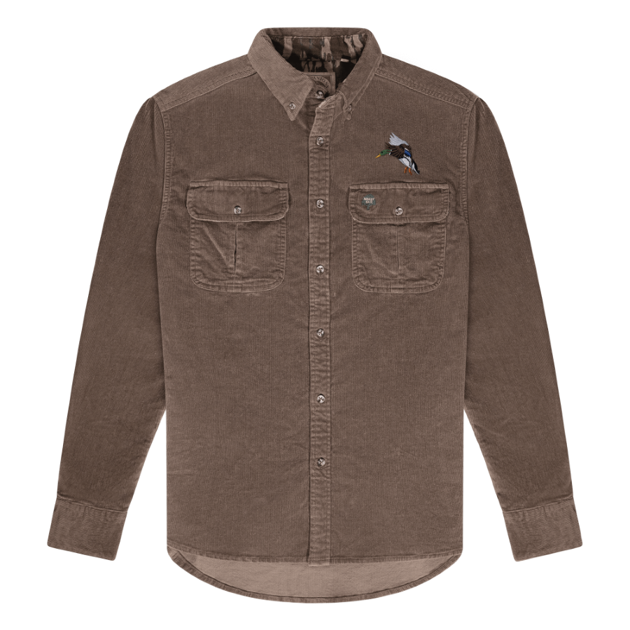 Mossy Oak Companions Wright Collection Drake Mallard Duck Long Sleeve Corduroy Shirt Brown  