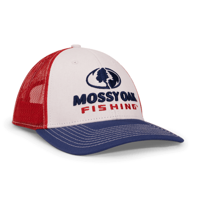 Red, White, and Blue Mesh Back Mossy Oak Fishing Hat