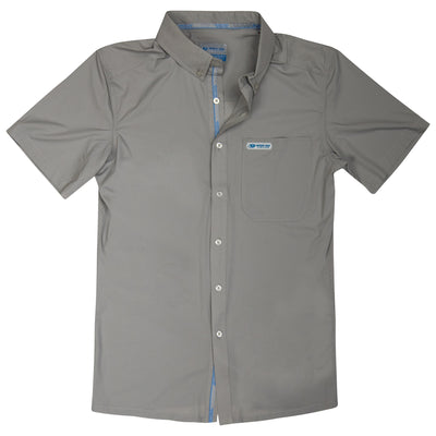 Mossy Oak Fishing Inshore Short Sleeve Shirt Button Down Cool Grey Front