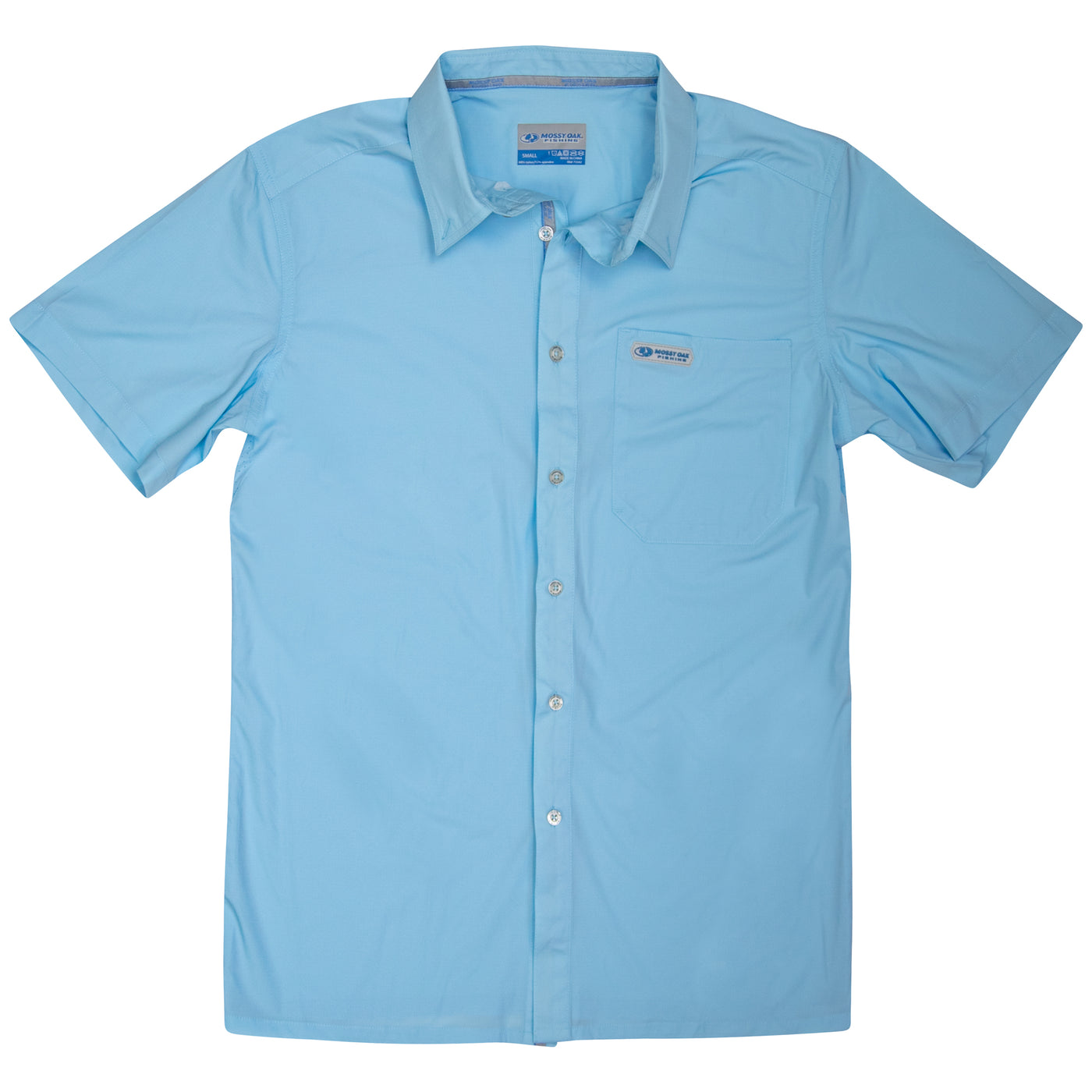 Mossy Oak Fishing Inshore Short Sleeve Shirt Button Down Cool Blue Front