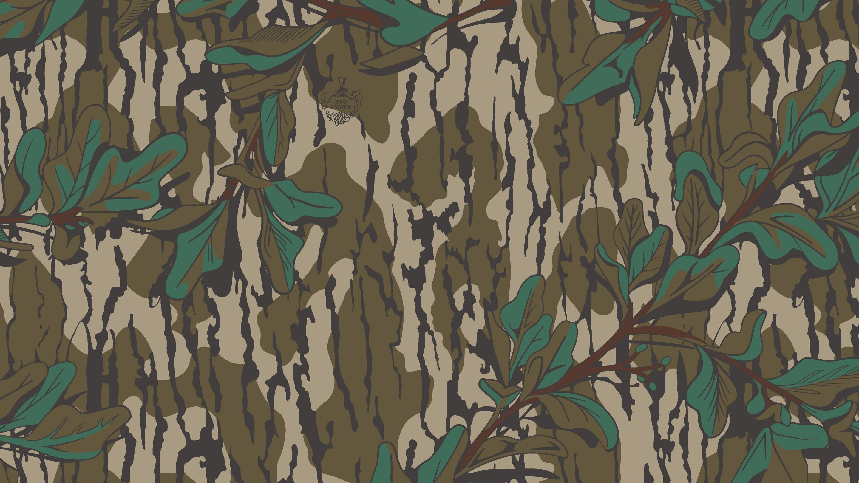 Greenleaf patterned fabric with green leaves and brown leaves on a beige background