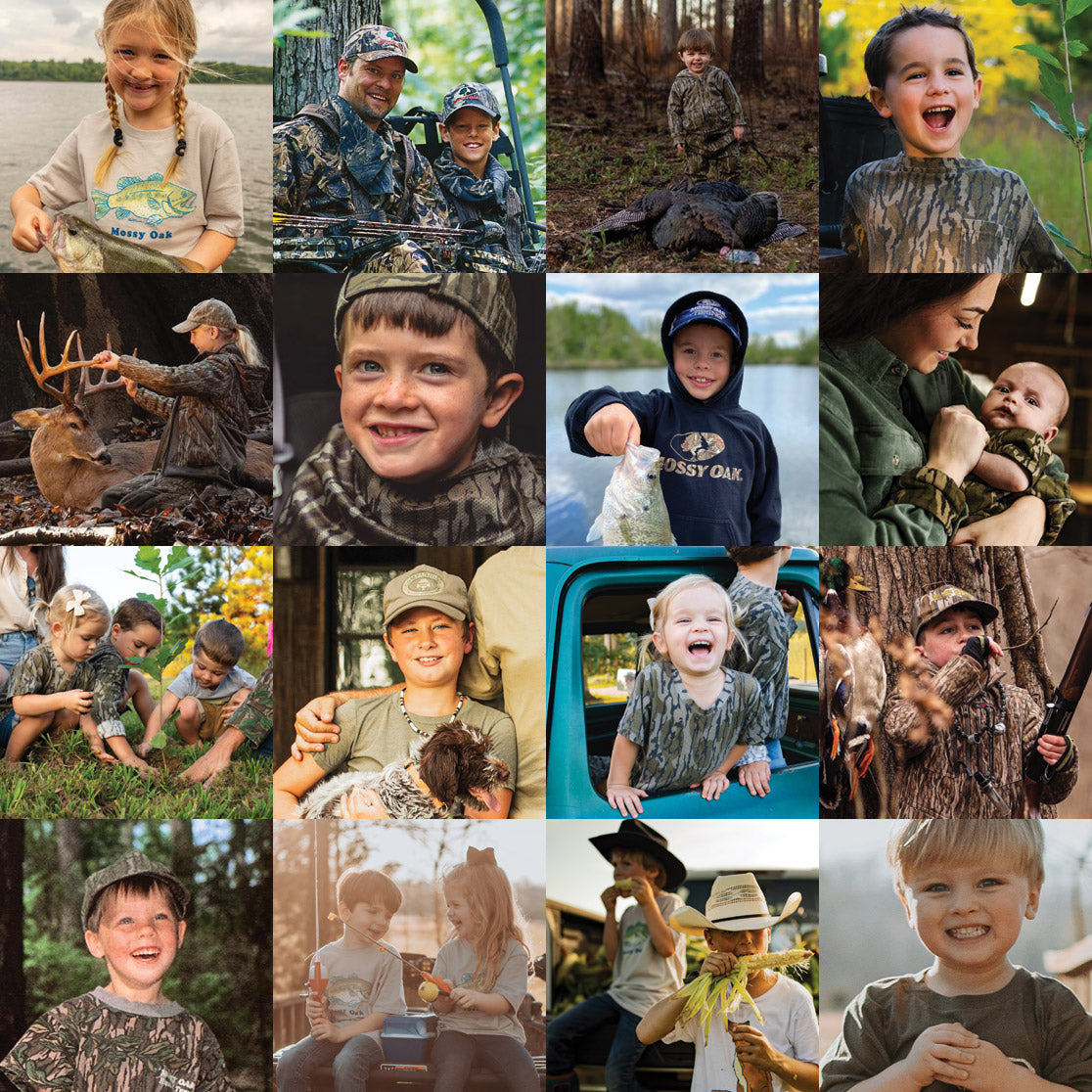 Photo grid of children wearing mossy oak kids apparel