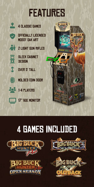 Features of the Big Buck Hunter game are desplayed along with the titles of the games included with the system. 