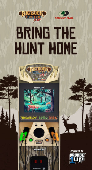 Arcade machine with 'Big Buck Hunter' branding against a forest background