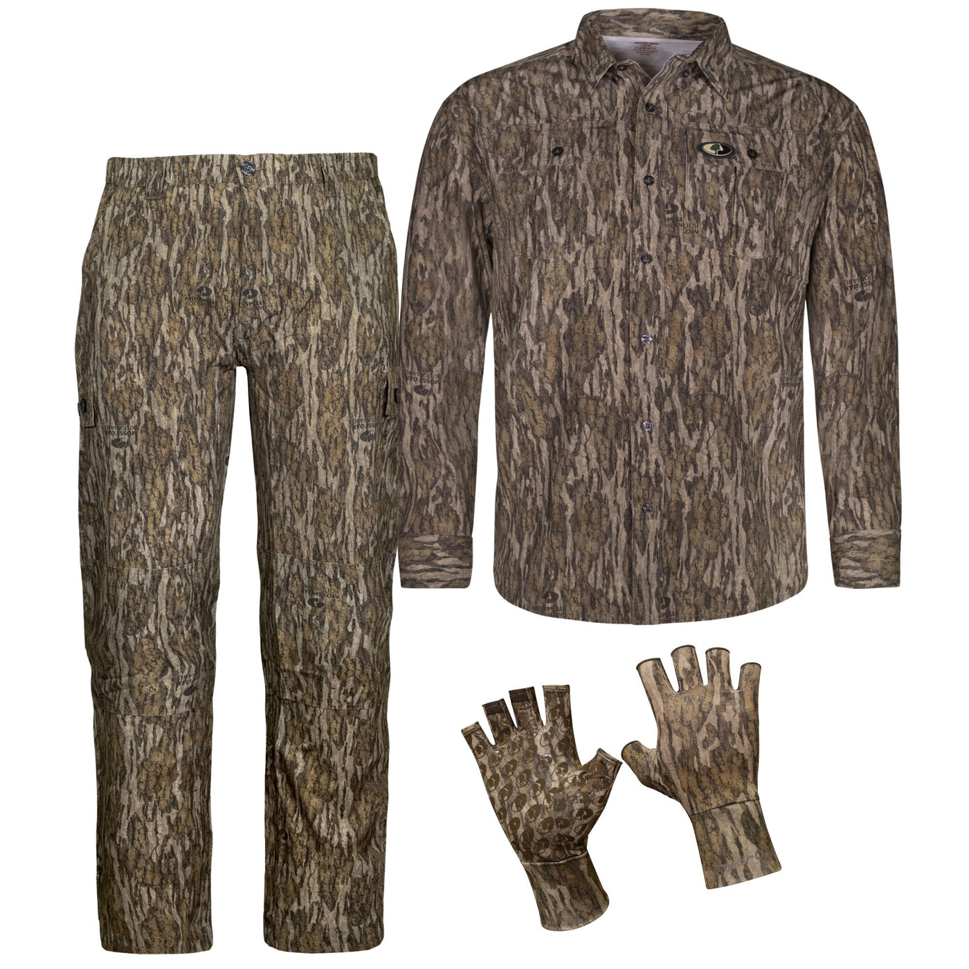 Mossy Oak Tibbee Flex Bundle_ Hunting Shirt, Pant, Fingerless Glove_ Bottomland