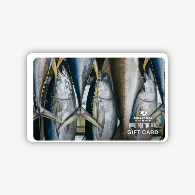 A tuna-themed gift card featuring a catch of seven strung up on a dock.