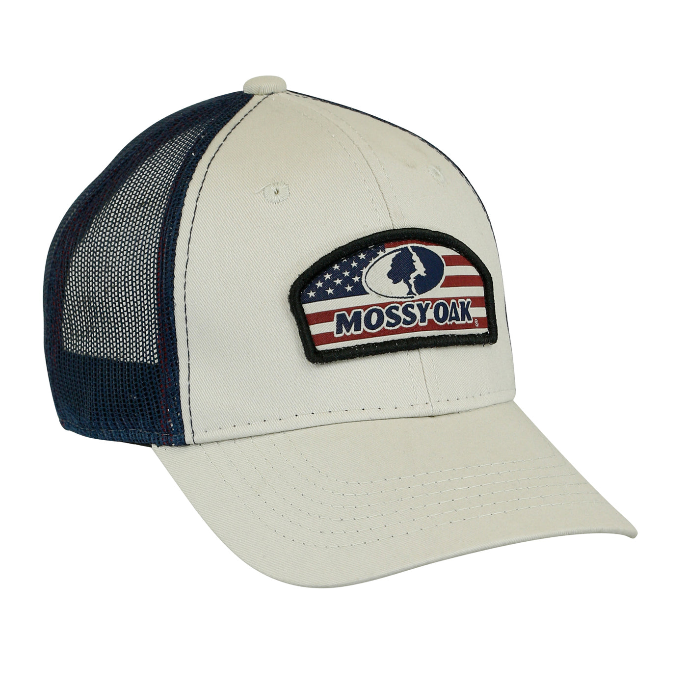 Mossy Oak American Banner Trucker Cap Putty Front Navy Mesh Back