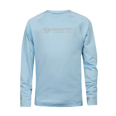 Mossy Oak Fishing Youth Shield Logo Long Sleeve Shirt Cool Blue Front
