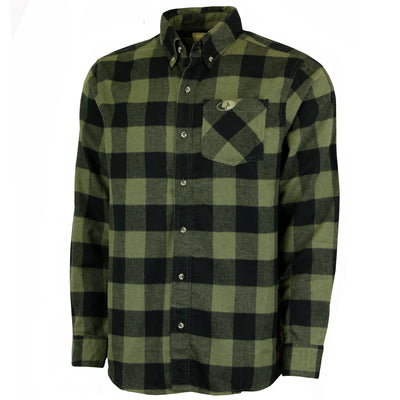 Mossy Oak Men's Thermal Lined Plaid Flannel Long Sleeve Button Down Shirt Olive Buffalo Front