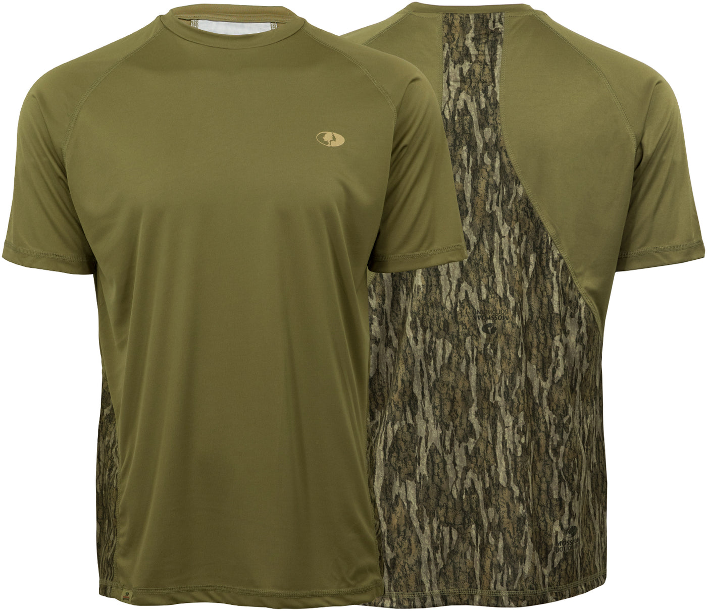 Mossy Oak Performance Field Short Sleeve Tech Tee Bark and Bottomland Front and Back