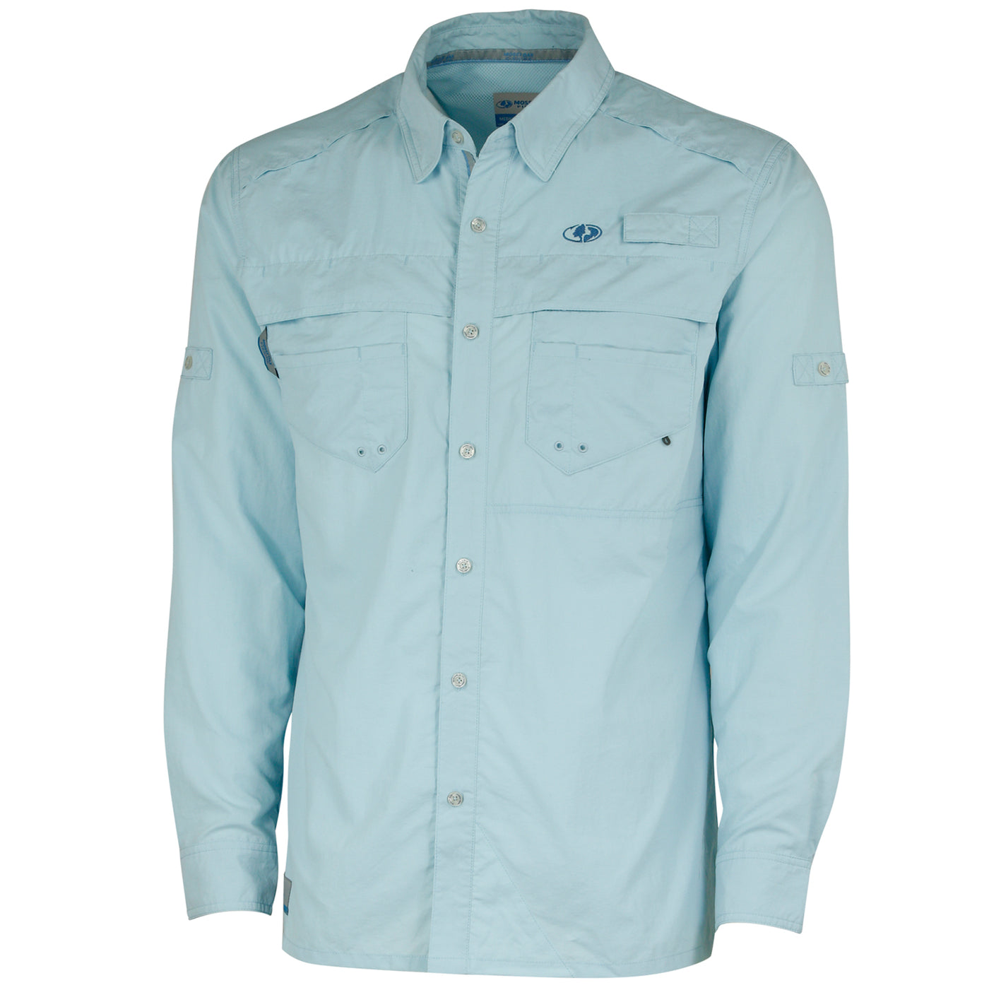 Mossy Oak Men's Long Sleeve Button Down Fishing Shirt Cool Blue Front