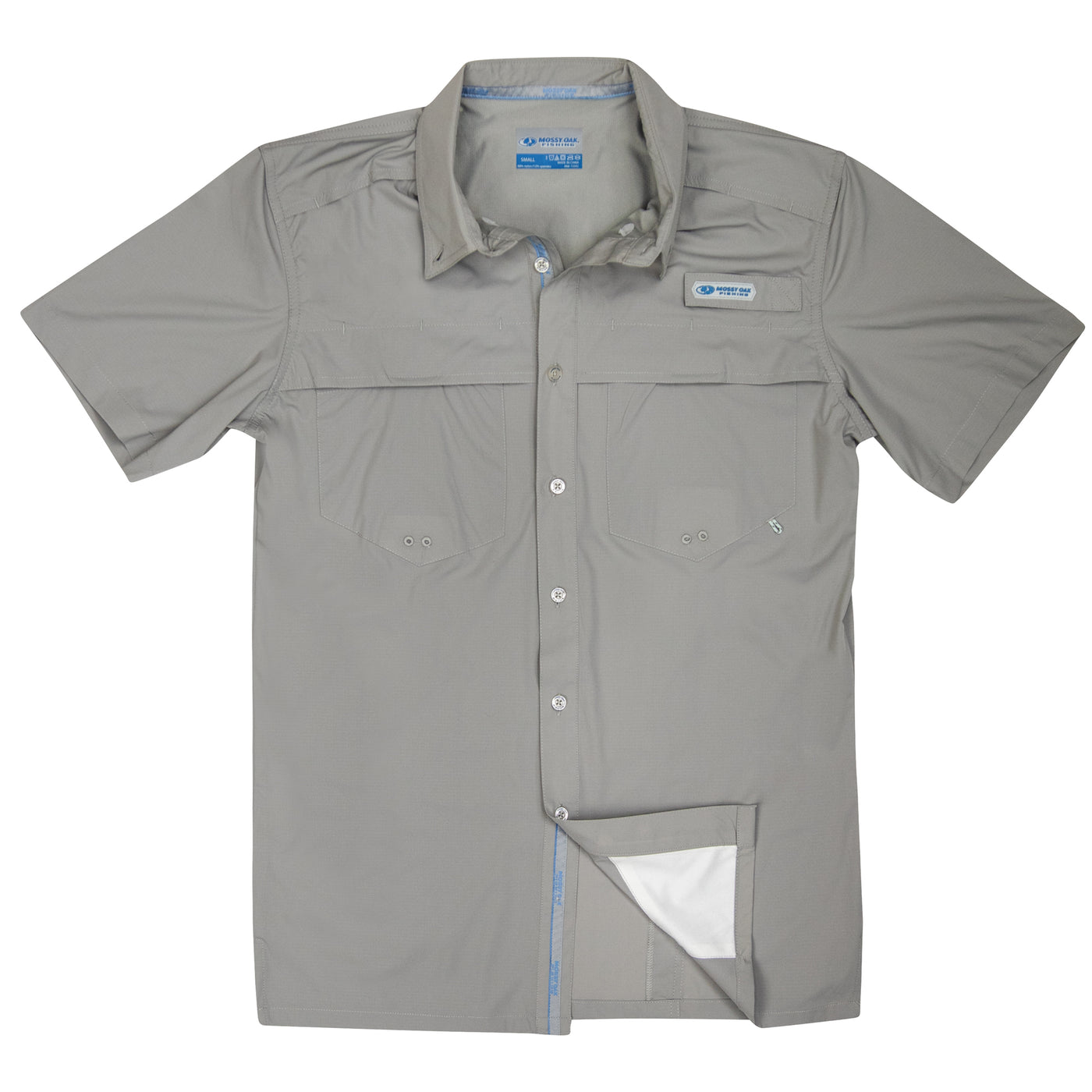 Mossy Oak Fishing Offshore Short Sleeve Shirt Button Down Cool Grey Front