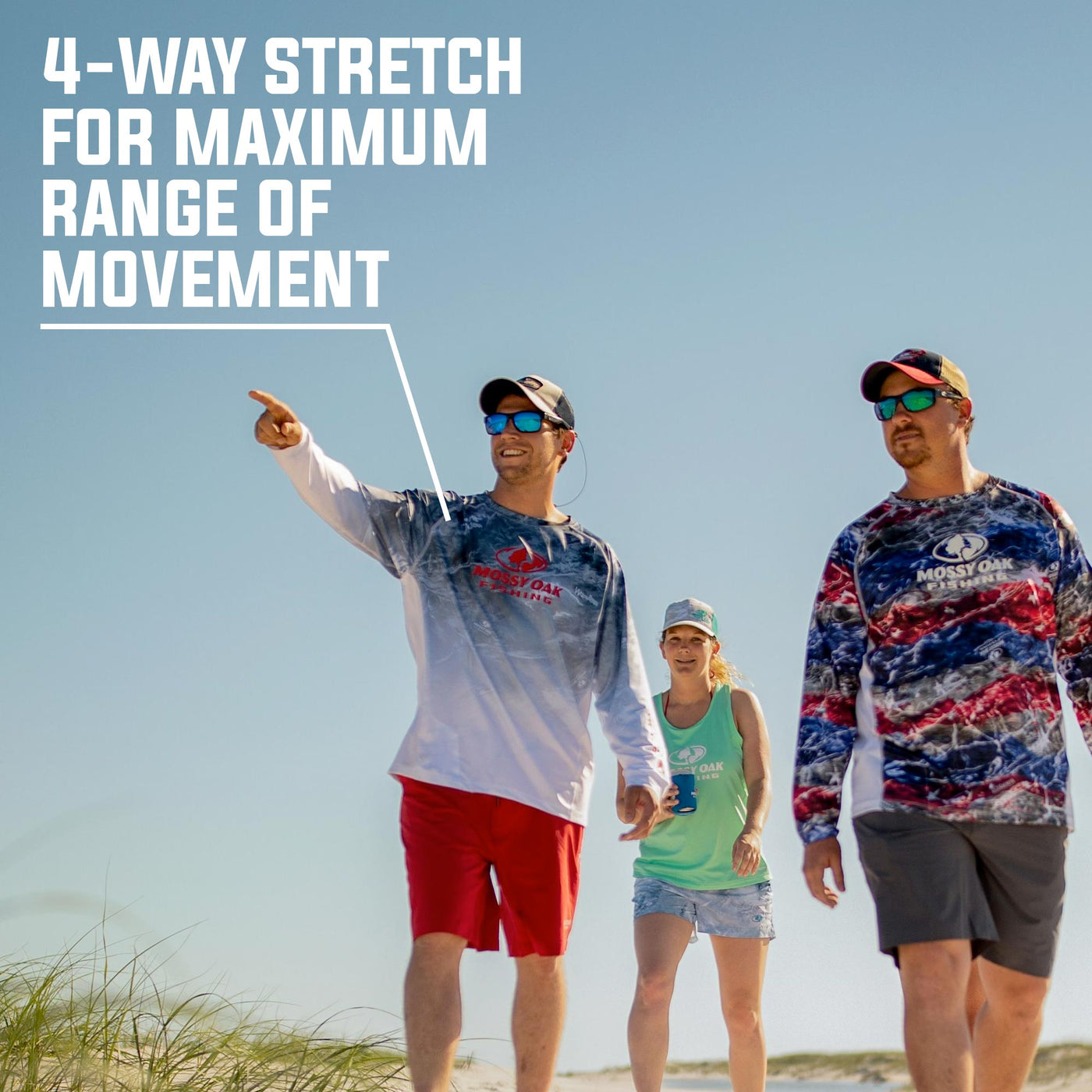 Mossy Oak Fishing Red, White & Blue Tech Long Sleeve Shirt 4-Way Stretch for Maximum Range of Movement
