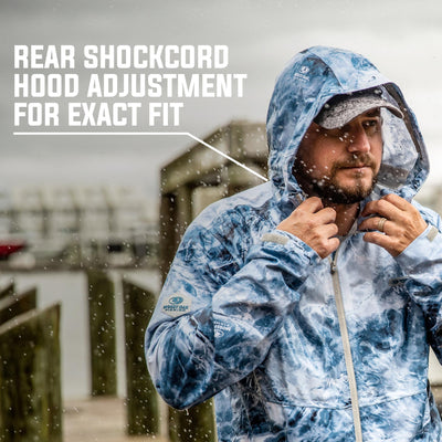 Mossy Oak Fishing Rain Jacket Rear Shockcord Hood Adjustment for exact fit