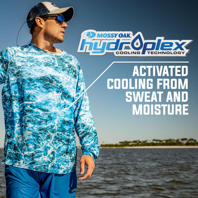 Mossy Oak Shield Long Sleeve Tech Shirt Hydroplex Cooling Technology Activated Cooling From Sweat and Moisture